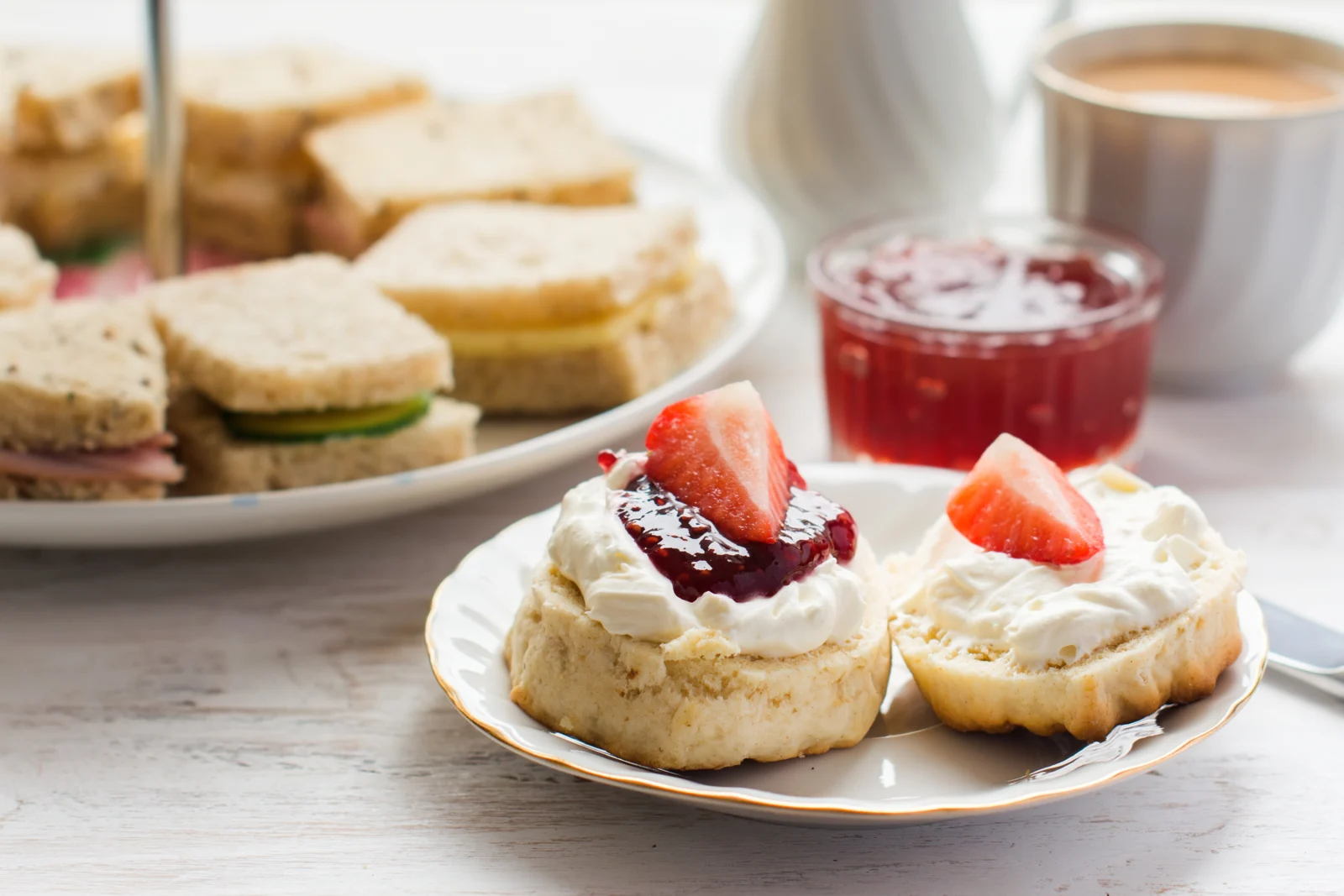 A selection of high team items including scones and sandwiches